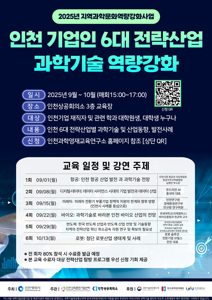 인천대 ‘인천과학문화거점센터’-인천상공회의소, ‘6대 전략산업 과학기술 역량강화 과정’ 참가자 모집